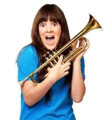surprised woman holding trumpet