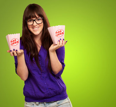 Casual Woman Holding Popcorn Container