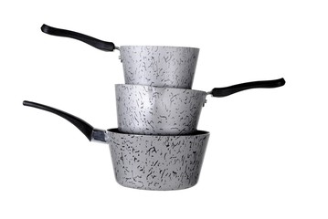 stack of three saucepans isolated on white background