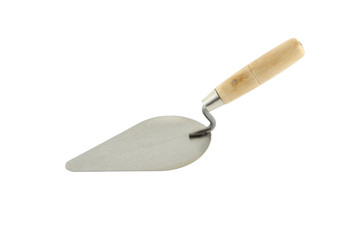 Metal trowel with wooden handle on white background.
