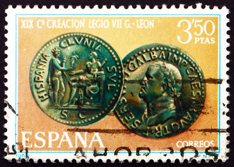 Postage stamp Spain 1968 Emperor Galba Coin
