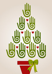 Naklejka premium Diversity green hands in Christmas Tree