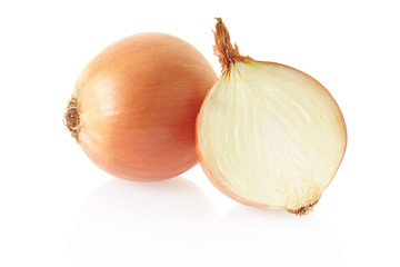 Onion and section on white, clipping path included