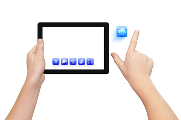 Two hands holding tablet PC, zooming cloud icon, isolated