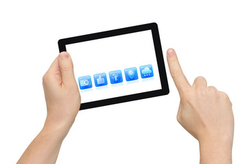 Two hands holding tablet PC, finger pointing, isolated