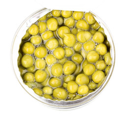 Open tin can of peas isolated on white
