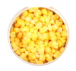 Open tin can of corn close-up isolated on white