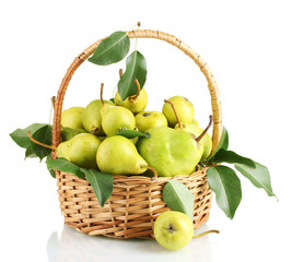 Juicy flavorful pears in basket isolated on white