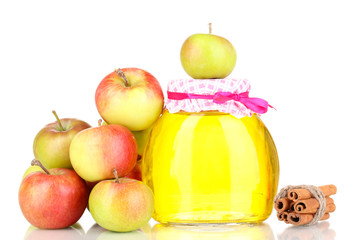 Honey and apples with cinnamon isolated on white
