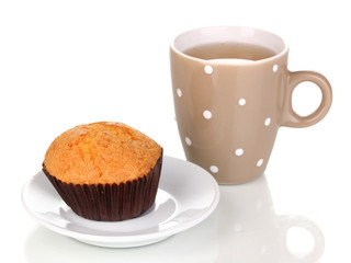 Fresh muffin with tea isolated on white