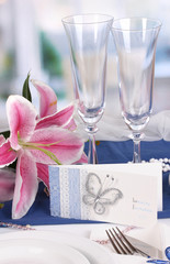 Serving fabulous wedding table in purple and blue color of the