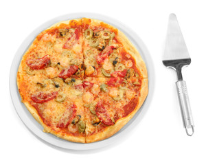 tasty pizza with culinary spatula isolated on white