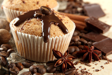 tasty muffin cakes with chocolate, spices and coffee seeds,