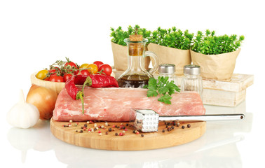 composition of raw meat, vegetables and spices isolated on
