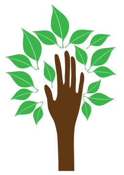 vector hand tree with green leaves