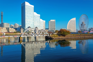 Fototapeta na wymiar View of Yokohama marina across the water in Yokohama, Japan.