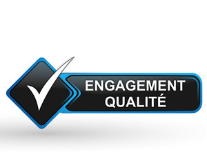 engagement qualité sur bouton web carré design bleu