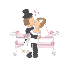 Wedding couple on a park bench