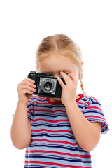 Little girl with old camera.