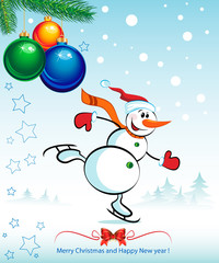 New Year and Christmas. Happy snowman skating