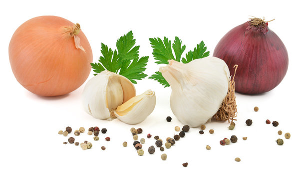 Onion and garlic with black pepper isolated on white background