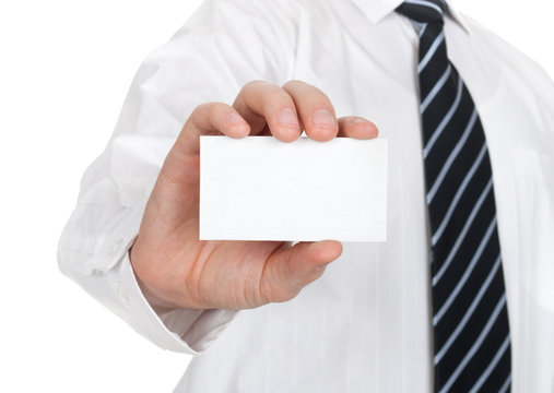 hand holding a blank business card