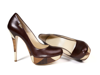 High heel brown leather women shoes isolated on white