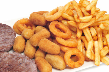 tray with fattening food, such as burgers, croquettes, calamares
