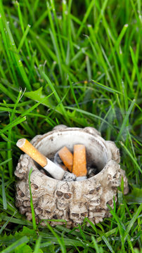 Ashtray with cigarette ends on grass