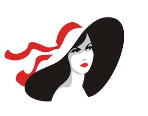 Elegant woman portrait  in hat with red ribbon
