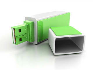 Green USB flash drive on white background