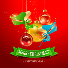 Christmas card with Angels and inscription on a green ribbon