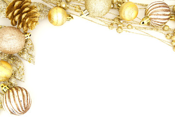 Golden Christmas border of baubles and shiny branches