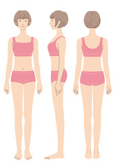 女性のからだ　水着　正面　横向き　後姿