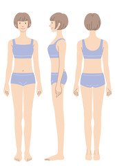 女性のからだ　水着　正面　横向き　後姿