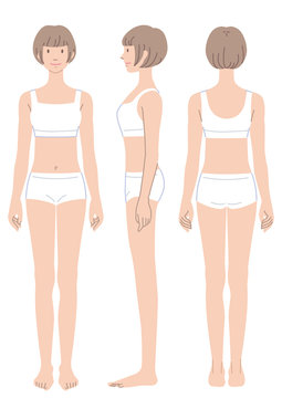 女性のからだ　水着　正面　横向き　後姿