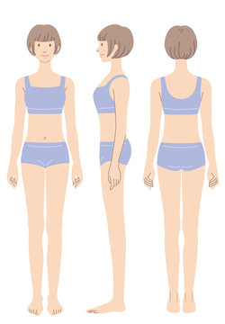 女性のからだ　水着　正面　横向き　後姿