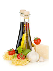 Pasta, tomatoes, basil, olive oil, vinegar, garlic and parmesan