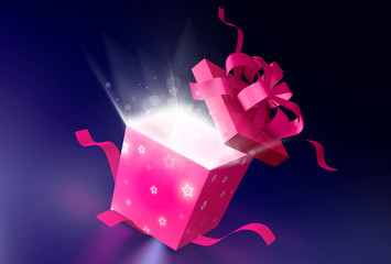 Magic gift in a pink box - obrazy, fototapety, plakaty