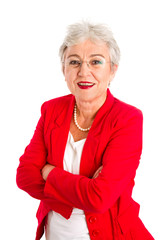 Fototapeta premium Ältere Dame mit Brille in Rot