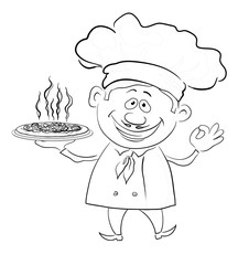 Cook holds a hot pizza, contour