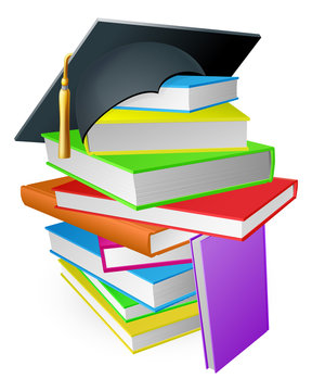 Education book pile graduation hat concept