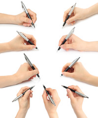 Collage of hands with pens on white background