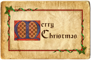 Christmas card. Gothic lettering Merry Christmas. Old paper