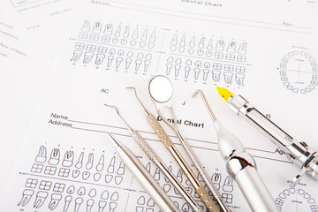 Dental tools and equipment on dental chart