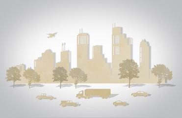 Paper cut of cities with tree , car and plane