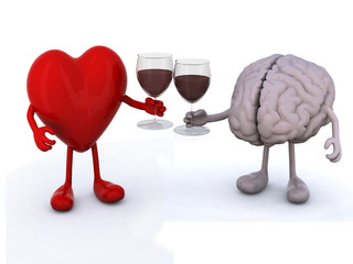 heart and brain with glass of red wine