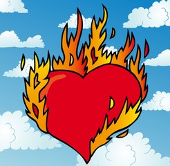 Burning heart on sky