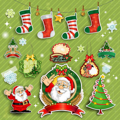 Santa Claus and labels on green background