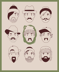 man with various hairstyles, mustaches and beards wearing hats
